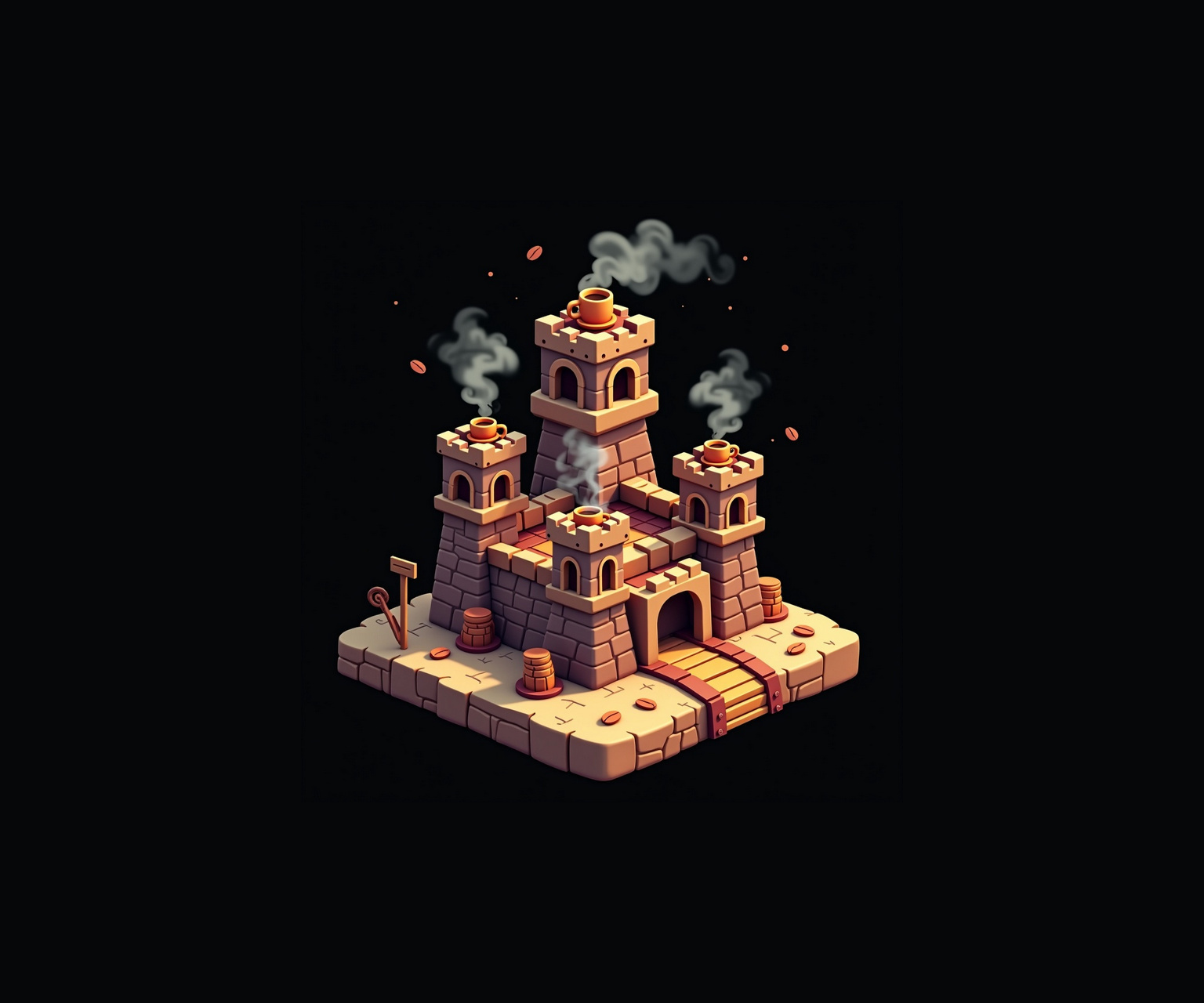 Coffee Empire concept art: a fortress built from coffee sacks, barrels and roasting towers