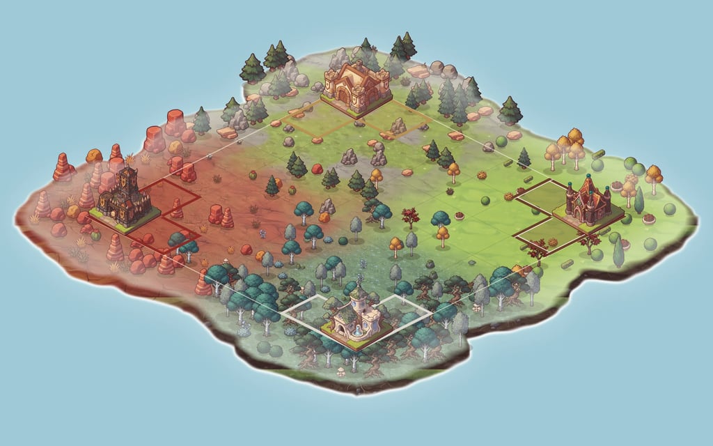 The coffee planet, where four houses' lands meet: mountains, a red-rock canyon, a moonlit forest and a plain with canals