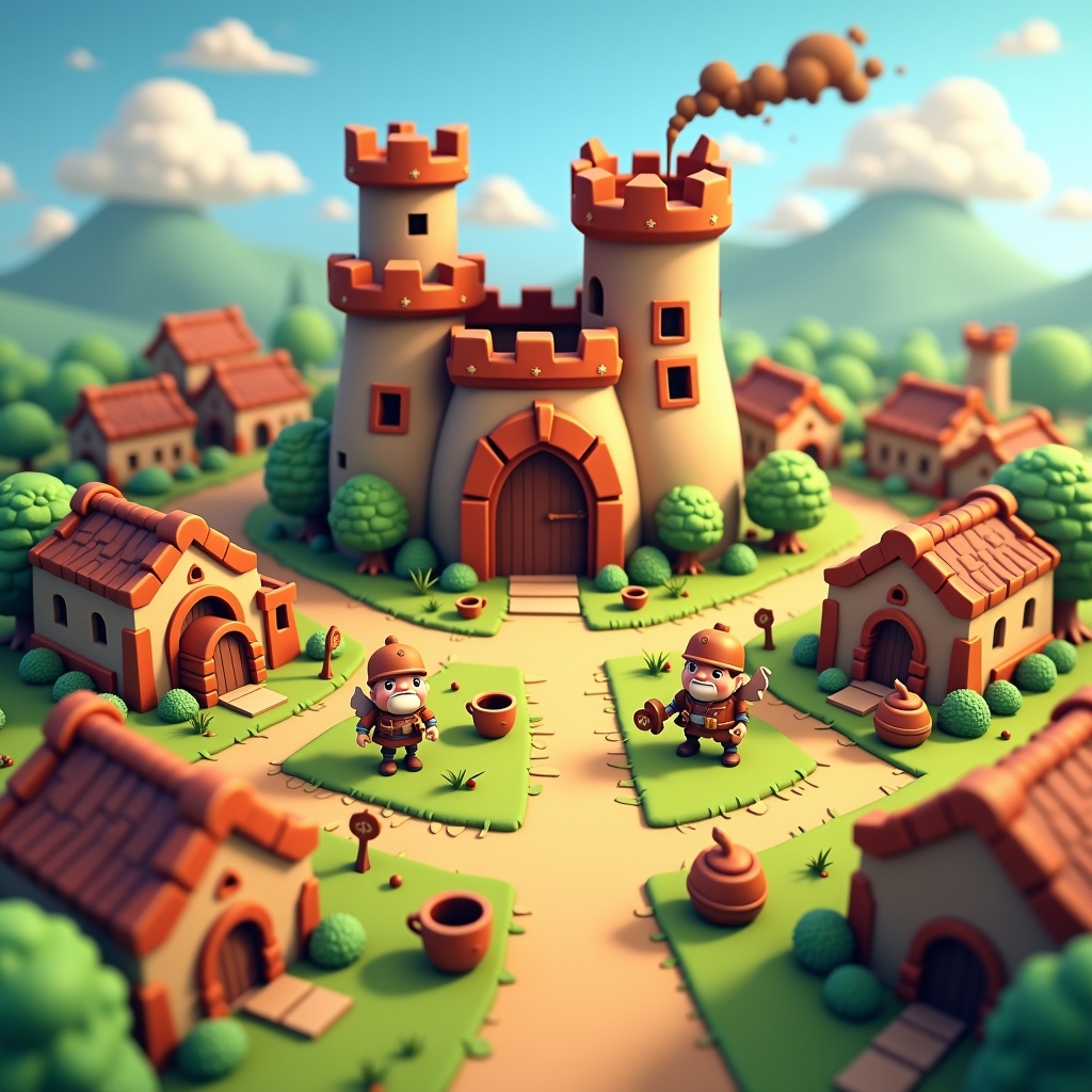 An isometric settlement of tiled-roof houses and a keep, with townsfolk carrying coffee
