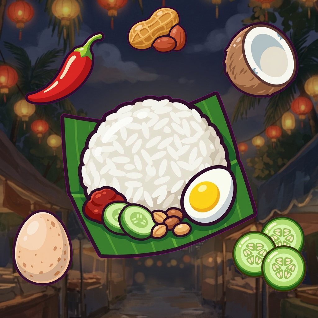 Rambutan Pop art: nasi lemak on a banana leaf, surrounded by chilli, coconut, egg, cucumber and peanuts, over a Malaysian night market