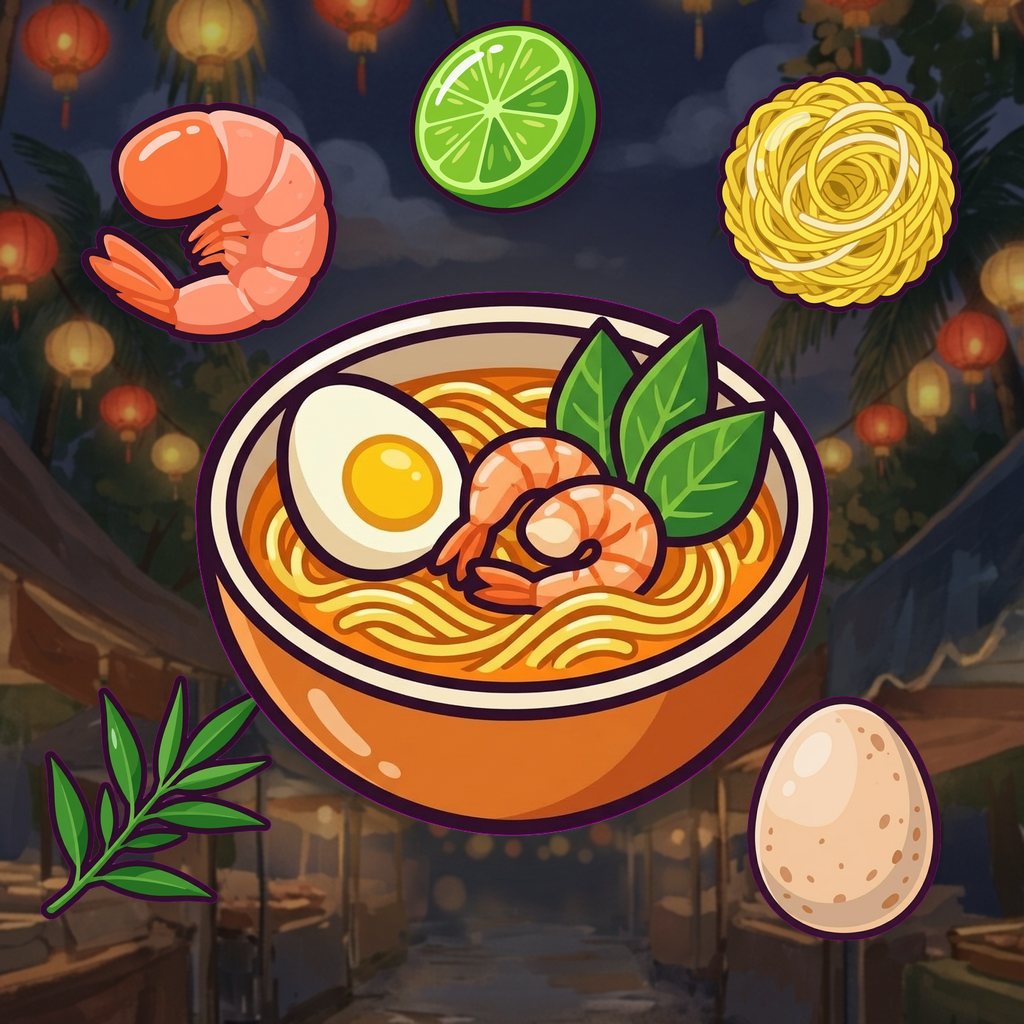 A bowl of laksa with prawns, noodles, laksa leaf, egg and lime, at a Malaysian night market