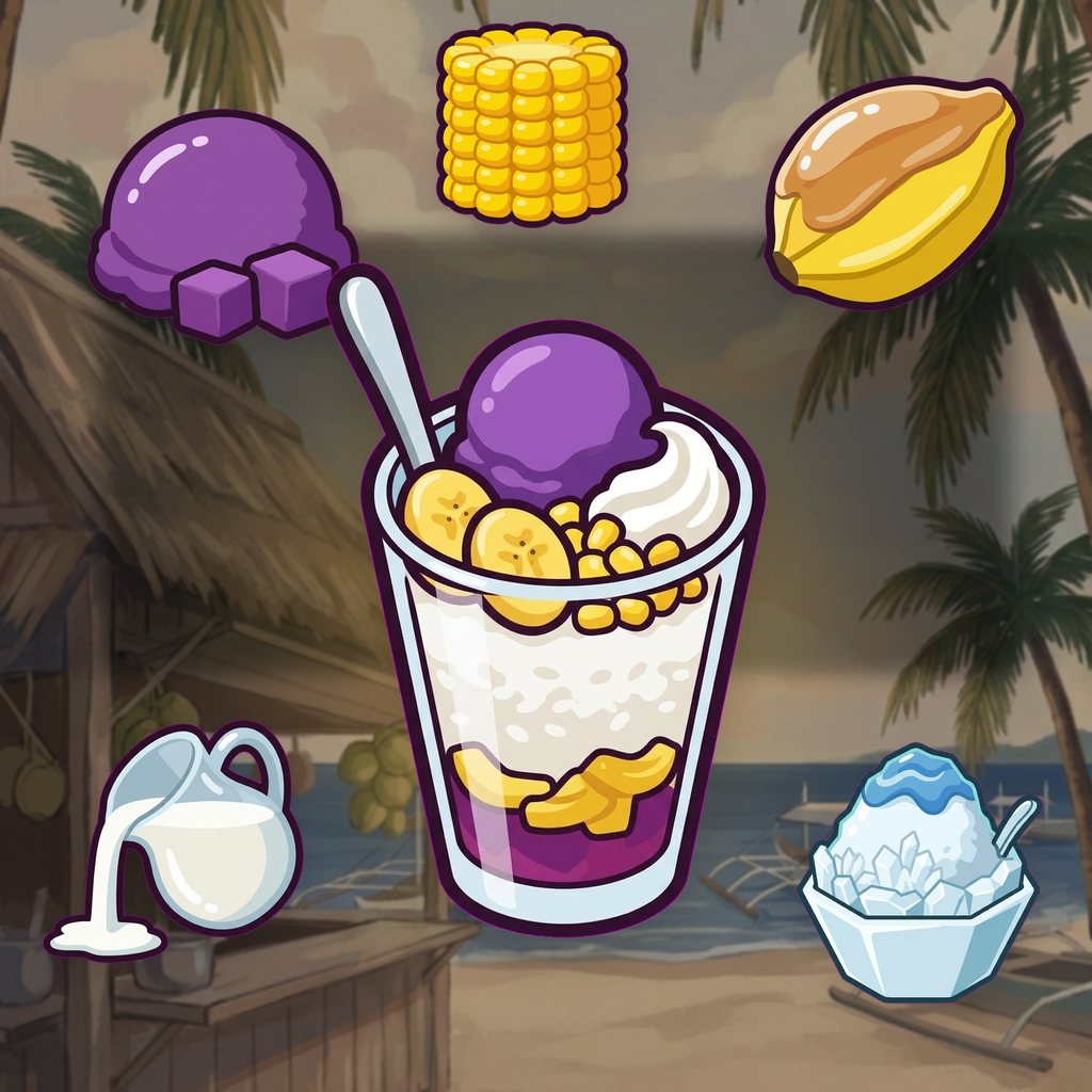 A glass of halo-halo with ube, banana, milk, shaved ice and corn, at a Philippine beach stall