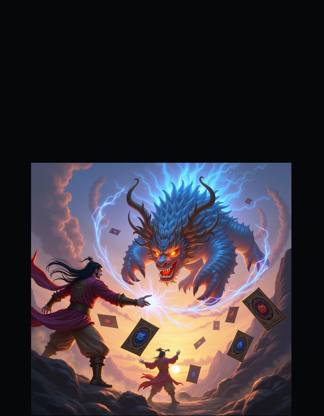 Spirit Duel key art: a cultivator summoning a lightning-wreathed spirit beast as cards swirl around them